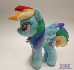 Size: 1090x1030 | Tagged: safe, artist:percypawz, rainbow dash, pegasus, g4, ear fluff, irl, minky, photo, plushie, present, toy, wings