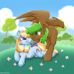 Size: 4134x4134 | Tagged: safe, artist:jjsh, oc, oc only, oc:peatmoss, earth pony, pegasus, pony, bow, bush, cloud, cute, cute face, female, field, flower, grass, high res, looking at each other, looking at someone, lying down, male, mare, nature, outdoors, smiling, smiling at each other, stallion, tail, tail bow, tree, wings