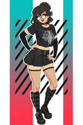 Size: 1920x2880 | Tagged: safe, artist:slh, oc, oc only, oc:nixie tube, human, abstract background, boots, clothes, collar, fishnet clothing, fishnet stockings, freckles, glasses, goth, hand on hip, humanized, humanized oc, lipstick, shirt, shoes, skirt, solo, stockings, t-shirt, thigh highs