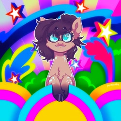 Size: 2048x2048 | Tagged: safe, artist:yumkandie, oc, oc only, oc:nixie tube, bat pony, earth pony, hybrid, wingless bat pony, abstract background, coat markings, dappled, fangs, female, glasses, looking up, smiling, socks (coat markings), solo, wingless