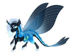 Size: 4900x3800 | Tagged: safe, artist:gigason, oc, oc only, oc:blue bayou, changeling, absurd resolution, adoptable, black coat, blue body, blue changeling, blue coat, blue eyelashes, blue mane, blue pupils, body markings, changeling oc, clothes, cloven hooves, coat markings, colored, colored belly, colored eyebrows, colored eyelashes, colored horn, colored pinnae, colored pupils, colored sclera, curved horn, ear fluff, eyelashes, fangs, flat colors, gradient body, gradient coat, gradient mane, green eyes, grid adoptable, horn, insect wings, large wings, leg markings, lidded eyes, looking back, metallic, neck markings, nonbinary, nonbinary oc, raised hoof, raised leg, shaggy mane, shiny belly, shiny hooves, shiny horn, silver hooves, simple background, slit pupils, smiling, smirk, socks, socks (coat markings), solo, standing, standing on two hooves, striped horn, tail spikes, tail wings, teal sclera, thick eyelashes, three quarter view, transparent background, transparent wings, two toned body, two toned coat, two toned sclera, undercut, white eyelashes, white mane, white pupils, wings