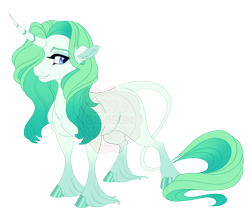 Size: 4400x3800 | Tagged: safe, artist:gigason, oc, oc only, oc:emerald empire, classical unicorn, pony, unicorn, g4, adoptable, blank flank, blue eyes, cloven hooves, coat markings, colored, colored hooves, colored pinnae, curved horn, ear fluff, eye clipping through hair, eyebrows, eyebrows visible through hair, female, female oc, flat colors, gradient legs, gradient mane, gradient tail, green hooves, green mane, green tail, grid adoptable, hair over one eye, high res, hooves, horn, leonine tail, lidded eyes, long feather, long fetlocks, long horn, long mane, long tail, looking back, magical lesbian spawn, mare, mare oc, obtrusive watermark, offspring, parent:clover the clever, parent:rarity, shiny hooves, simple background, smiling, socks (coat markings), solo, standing, striped horn, tail, thin tail, three quarter view, transparent background, unicorn oc, unshorn fetlocks, watermark, white coat