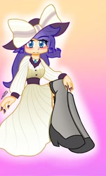 Size: 1235x2048 | Tagged: safe, artist:tsumury, rarity, human, g4, blushing, bow, clothes, gradient background, hat, humanized, light skin, painted nails, raristocrat, rose dewitt bukater, shoes, signature, solo, titanic