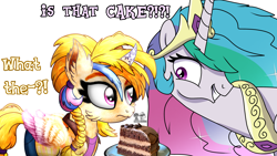 Size: 4596x2586 | Tagged: safe, artist:yourboimario, golden feather, princess celestia, alicorn, pony, g4, alternate universe, braid, braided ponytail, cake, cakelestia, curved horn, dialogue, disguise, duo, female, food, high res, horn, mare, ponytail, self paradox, self ponidox, simple background, text, transparent background