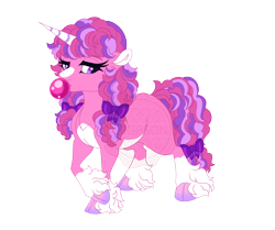 Size: 4300x3600 | Tagged: safe, artist:gigason, oc, oc:bubblegum bell, pony, unicorn, bubblegum, cloven hooves, female, food, gum, horn, mare, offspring, parent:clover the clever, parent:pinkie pie, simple background, solo, transparent background