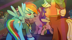 Size: 1916x1080 | Tagged: safe, artist:uspen, applejack, rainbow dash, oc, oc:bronydanceparty, oc:sayonara maxwell, oc:the living tombstone, oc:wooden toaster, earth pony, pegasus, pony, fallout equestria, alcohol, background pony, beer, beer mug, clothes, coat, complex background, cute, dance floor, dancerbetes, dancing, eyes closed, female, frown, hair bun, hat, headphones, male, mare, mic the microphone, party, poster, proud, raised hoof, rear view, rubber band, smiling, spread wings, talking, uniform, wings