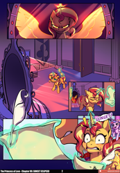 Size: 3541x5121 | Tagged: safe, artist:baban illustration, artist:lummh, princess cadance, sunset shimmer, alicorn, pony, unicorn, comic:the princess of love, g4, absurd resolution, alicornified, artificial wings, augmented, canterlot castle interior, comic, cute, cutedance, emanata, female, filly, filly sunset shimmer, foal, glowing, glowing horn, horn, imagine spot, levitation, magic, magic wings, mare, mirror, patreon, patreon logo, quill pen, race swap, reflection, scroll, shimmercorn, speech bubble, startled, teen princess cadance, telekinesis, wings, younger, younger sunset