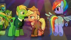 Size: 1916x1080 | Tagged: safe, artist:uspen, applejack, rainbow dash, oc, oc:applesnack, oc:steelhooves, oc:wooden toaster, earth pony, fly, insect, pegasus, pony, fallout equestria, background pony, butt, chair, clothes, coat, complex background, cupcake, flying, food, green pony, hair bun, hat, looking at each other, looking at someone, observer, party, plot, poster, raised hoof, rear view, rubber band, shoulder pads, smiling, smiling at each other, spread wings, surprised, talking, tray, uniform, whispering, wings