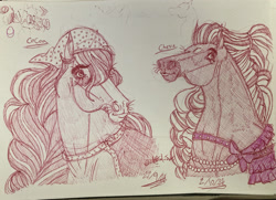 Size: 2258x1632 | Tagged: safe, artist:horsemagic20, horse, 2024, cherie (wild manes), clothes, cocoa (wild manes), doodle, headscarf, jewelry, necklace, pearl necklace, pen drawing, realistic, saddle, scarf, sketch, smiling, tack, traditional art, whiskers, wild manes