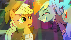 Size: 1916x1080 | Tagged: safe, artist:uspen, applejack, rainbow dash, earth pony, fly, insect, pegasus, pony, fallout equestria, background pony, clothes, coat, complex background, female, flying, gritted teeth, hair bun, hat, lip bite, mare, party, rubber band, sarcasm, smiling, smirk, spread wings, stairs, sweater, talking, teeth, uniform, wings