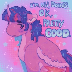 Size: 1440x1440 | Tagged: safe, artist:ariariari.png, twilight sparkle, alicorn, pony, g4, alternate hairstyle, solo, sparkles, stars, text, twilight sparkle (alicorn)