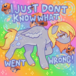 Size: 1440x1440 | Tagged: safe, artist:ariariari.png, derpy hooves, pegasus, pony, g4, bubble, crying, female, food, i just don't know what went wrong, mare, muffin, rainbow background, solo, teary eyes, text