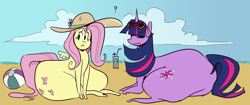 Size: 2747x1156 | Tagged: safe, artist:polofastter, artist:secretgoombaman12345, fluttershy, twilight sparkle, pegasus, pony, unicorn, g4, beach, beach ball, butt, chubby, cloud, colored sketch, drink, drinking straw, duo, duo female, eyelashes, female, frown, hat, hooves, horn, huge butt, impossibly wide hips, large butt, looking at you, lying down, ocean, outdoors, question mark, sitting, sketch, sun hat, sunglasses, sunglasses on head, tail, thighs, thunder thighs, twibutt, unicorn twilight, water, wide hips