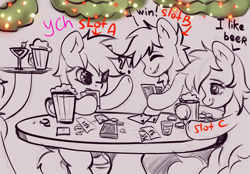 Size: 2360x1640 | Tagged: safe, artist:kristina, oc, alicorn, earth pony, pegasus, pony, unicorn, alcohol, beer, christmas, commission, commission open, couple, holiday, horn, trio, ych example, ych sketch, your character here