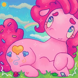 Size: 1440x1440 | Tagged: safe, artist:ariariari.png, pinkie pie, earth pony, insect, ladybug, pony, g4, alternate cutie mark, beanbrows, cursor, eyebrows, female, hoof heart, human face on pony, leaf, lying down, mare, outdoors, prone, rainbow, sky, solo, sprinkles in tail, starry eyes, sun, underhoof, wingding eyes