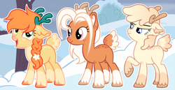 Size: 1280x660 | Tagged: safe, artist:vi45, oc, oc only, unnamed oc, deer, reindeer, adoptable, back freckles, blonde mane, blue eyes, braid, braided ponytail, butt freckles, coat markings, colored antlers, colored hooves, colored nose, colored pinnae, cute, dappled, deer tail, ear fluff, ear freckles, female, freckles, green eyes, hooves, lidded eyes, ocbetes, open mouth, open smile, orange mane, outdoors, pink eyes, ponytail, quadrupedal, raised hoof, reindeer pony, smiling, snow, socks (coat markings), standing, tail, tail freckles, trio, trio female, unshorn fetlocks, white mane