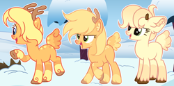 Size: 1280x634 | Tagged: safe, artist:vi45, oc, oc only, unnamed oc, deer, reindeer, >:d, antlers, back freckles, big ears, blonde mane, blue eyes, butt freckles, coat markings, colored hooves, colored nose, cute, dappled, deer tail, ear fluff, female, freckles, green eyes, hair over one eye, hooves, leg freckles, ocbetes, open mouth, open smile, outdoors, quadrupedal, raised hoof, reindeer pony, smiling, snow, socks (coat markings), tail, tail freckles, trio, trio female, unshorn fetlocks, yellow mane