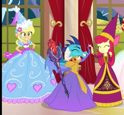 Size: 729x673 | Tagged: safe, artist:sapphiregamgee, apple bloom, applejack, princess ember, dragon, human, equestria girls, g4, adorabloom, bloodstone scepter, clothes, cute, dragon lord ember, dragoness, dress, female, froufrou glittery lacy outfit, gown, high five, indoors, jackabetes, princess, princess apple bloom, princess applejack, princess costume, trio