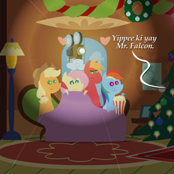 Size: 2160x2160 | Tagged: safe, anonymous artist, applejack, big macintosh, fluttershy, rainbow dash, earth pony, pegasus, pony, series:fm holidays, series:hearth's warming advent calendar 2024, g4, advent calendar, alternate hairstyle, blanket, censored, censored vulgarity, christmas, christmas tree, cloud, couch, die hard, eating, female, film projector, fluttershy's cottage, food, frown, high res, holiday, hoof around neck, indoors, lineless, male, mare, pointy ponies, popcorn, puffy cheeks, ship:fluttermac, shipping, short mane, stallion, straight, tree