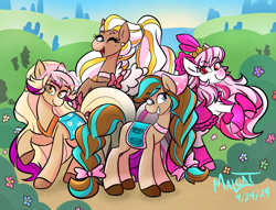 Size: 1515x1159 | Tagged: safe, artist:malcat, horse, 2024, bailey (wild manes), barely pony related, beauty mark, bow, candi (wild manes), cherie (wild manes), clothes, cocoa (wild manes), female, freckles, grin, group, hair bow, headscarf, mare, one eye closed, open mouth, open smile, outdoors, quartet, raised hoof, redraw, saddle, scarf, signature, smiling, tack, tail, tail bow, visor cap, wild manes, wink