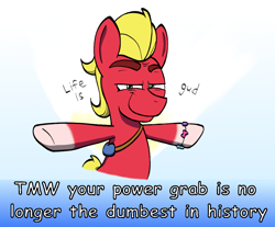 Size: 974x808 | Tagged: safe, artist:ebbysharp, sprout cloverleaf, earth pony, pony, g5, bipedal, coup, current events, male, smiling, smug, solo, south korea, stallion, text