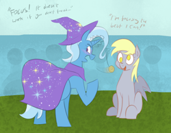 Size: 1956x1519 | Tagged: safe, artist:moonatik edits, artist:polofastter, derpy hooves, trixie, pegasus, pony, unicorn, g4, cape, clothes, fail, female, hat, horn, humiliation, hypnosis, hypnovember 2024, mare, sketch, trixie's cape, trixie's hat