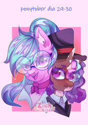 Size: 2797x3969 | Tagged: safe, artist:zackchibi, dahlia, violette rainbow, earth pony, pony, unicorn, g5, ascot, bust, clothes, cosplay, costume, duo, duo female, female, filly, foal, glasses, hat, high res, horn, mare, open mouth, open smile, passepartout, ponytober, ponytober 2024, round glasses, smiling, top hat