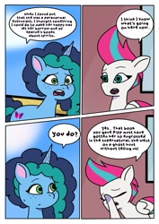 Size: 1131x1600 | Tagged: safe, artist:delilah1_riley, misty brightdawn, zipp storm, pegasus, pony, unicorn, comic:pipp the poltergeist, fanfic:pipp the poltergeist, g5, my little pony: tell your tale, comic, commission, dialogue, duo, duo female, fanfic art, female, horn, implied opaline arcana, implied pipp petals, mare, outdoors