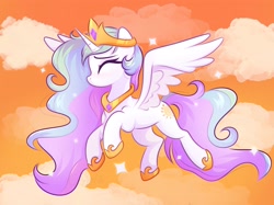 Size: 2732x2048 | Tagged: safe, artist:kuroartss, princess celestia, alicorn, pony, g4, cloud, crown, cute, cutelestia, eyes closed, female, flying, hoof shoes, jewelry, mare, outdoors, peytral, princess shoes, regalia, sky, solo, sparkles, spread wings, wings