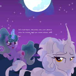 Size: 1280x1280 | Tagged: safe, oc, oc:dawnswing, oc:hecate, hybrid, blue magic, comfort, flower cutie mark, flowing mane, gray eyes, interspecies, interspecies offspring, magical gay spawn, moon, my little pony: the protectors of harmony, night, offspring, outdoors, parent:mistmane, parent:scorpan, parent:star swirl the bearded, parents:scorswirl, raising the moon, spotted, yellow eyes