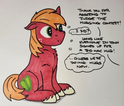 Size: 2048x1754 | Tagged: safe, artist:hoofclid, big macintosh, earth pony, pony, g4, chest fluff, cute, dialogue, male, marker drawing, missing accessory, offscreen character, one ear down, sitting, solo, stallion, thought bubble, traditional art