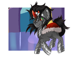 Size: 5008x3968 | Tagged: safe, artist:annuthecatgirl, king sombra, pony, unicorn, g4, armor, cape, clothes, crystal empire, fangs, horn, passepartout, raised hoof, redraw, solo