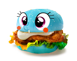 Size: 1024x817 | Tagged: safe, rainbow dash, pegasus, g4, blush sticker, blushing, burger, chicken meat, chicken sandwich, food, food transformation, inanimate transformation, meat, simple background, solo, transformation, what has science done, white background