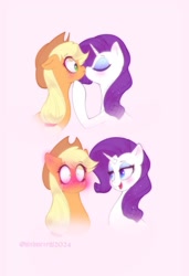 Size: 875x1280 | Tagged: safe, artist:alsimetra, applejack, rarity, earth pony, pony, unicorn, g4, blushing, blushing profusely, bust, duo, female, horn, kiss on the lips, kissing, lesbian, ship:rarijack, shipping