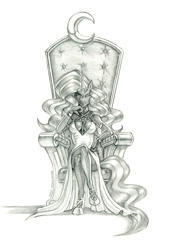 Size: 920x1350 | Tagged: safe, artist:baron engel, idw, nightmare rarity, unicorn, anthro, unguligrade anthro, g4, breasts, busty nightmare rarity, female, horn, mare, monochrome, pencil drawing, solo, throne, traditional art