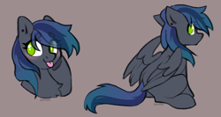 Size: 3754x2004 | Tagged: safe, artist:itsspoops, oc, oc only, oc:calypso firesong, pegasus, pony, beige background, blue mane, blue tail, blush lines, blushing, bust, chest fluff, cute, ear piercing, eye clipping through hair, eyebrows, eyebrows visible through hair, female, full body, gray coat, green eyes, looking at you, looking away, looking back, looking back at you, mare, no pupils, partially open wings, piercing, simple background, sitting, solo, tail, tongue out, two toned mane, two toned tail, wings