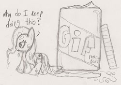 Size: 743x522 | Tagged: safe, artist:based sketchy, fluttershy, pegasus, pony, g4, covered in food, dirty, drawthread, female, food, giant jar, jar, mare, monochrome, peanut butter, requested art, sketch, solo, traditional art, why do i keep doing this