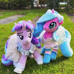 Size: 1728x1728 | Tagged: safe, artist:brella, photographer:brella, radiant hope, starlight glimmer, crystal pony, pony, unicorn, g4, cat ears, clothes, dress, duo, female, horn, irl, lidded eyes, mare, photo, plushie, s5 starlight, shoes, sneakers, socks