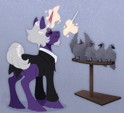 Size: 1100x1000 | Tagged: safe, artist:purplegrim40, oc, unnamed oc, bird, unicorn, conductor, conductor's baton, horn, male, singing, stallion