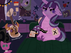 Size: 1600x1200 | Tagged: safe, artist:aurora_gl1mmer, derpibooru exclusive, starlight glimmer, pony, unicorn, g4, ..., :c, >:c, beanbrows, bed, book, colored hooves, colored pupils, ear piercing, earring, emo, eyebrows, fairy lights, fake cutie mark, female, floppy ears, frown, guitar, hooves, horn, jewelry, music notes, musical instrument, pencil, piercing, poster, purple pupils, room, sitting, solo, speaker, speech bubble, spiked wristband, starlight's room, teenager, unshorn fetlocks, wristband