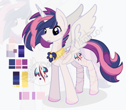 Size: 1450x1268 | Tagged: safe, artist:destiny_manticor, oc, oc only, unnamed oc, alicorn, pony, adoptable, body markings, cutie mark, female, horn, jewelry, lipstick, long tail, mare, necklace, obtrusive watermark, pale skin, palette, reference sheet, signature, simple background, slender, solo, spread wings, tail, thin, three quarter view, three toned mane, watermark, wings