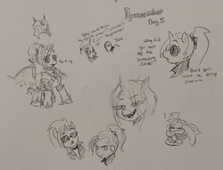 Size: 2048x1568 | Tagged: safe, artist:pony quarantine, oc, oc only, oc:dyx, oc:ponyquarantine, alicorn, human, pony, armor, clothes, dialogue, dyxcember, female, filly, foal, grayscale, human male, humanized, humanized oc, jacket, leather, leather jacket, male, monochrome, open mouth, open smile, pencil drawing, sleeping, smiling, solo focus, sunglasses, text, traditional art