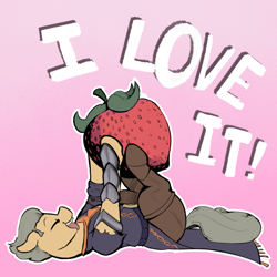 Size: 2000x2000 | Tagged: safe, artist:triplesevens, pony, clothes, crossover, food, gene, god hand, gradient background, lying down, on back, strawberry, text