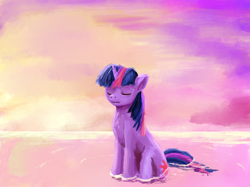 Size: 1890x1417 | Tagged: artist needed, safe, twilight sparkle, pony, unicorn, g4, my little pony: friendship is magic, horn, sitting, solo, unicorn twilight, water