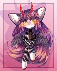 Size: 1717x2146 | Tagged: safe, artist:kumoto, oc, oc only, pegasus, pony, bust, clothes, crossed hooves, devil horns, ear fluff, flower, flower in hair, grin, horns, looking at you, smiling, solo, sunglasses