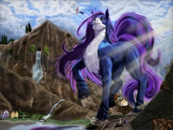 Size: 2048x1536 | Tagged: safe, artist:prp-2, earth pony, pegasus, pony, female, giant pony, macro, mare, mountain, outdoors, scenery, valley, village, walking