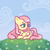 Size: 1920x1920 | Tagged: safe, artist:croustillon, fluttershy, butterfly, pegasus, pony, g4, butterfly on nose, cute, female, grass, insect on nose, lying down, mare, meadow, outdoors, prone, shyabetes, smiling, solo, turned head