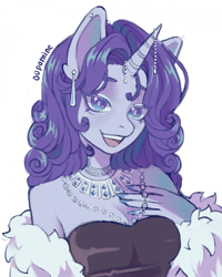 Size: 1717x2146 | Tagged: safe, artist:00pamine, rarity, unicorn, anthro, g4, bare shoulders, bust, clothes, dress, ear piercing, earring, female, horn, jewelry, looking at you, necklace, open mouth, open smile, pearl necklace, piercing, simple background, smiling, solo, white background