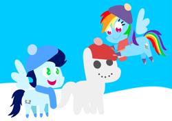 Size: 3553x2499 | Tagged: safe, anonymous artist, derpibooru exclusive, rainbow dash, soarin', pegasus, pony, series:soarindash all seasons, series:soarindash winter, female, male, mare, pointy ponies, ship:soarindash, shipping, smiling, snow, snowpony, stallion, straight, winter, winter clothes