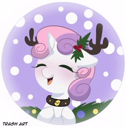 Size: 2028x2048 | Tagged: safe, artist:eltrash_art6, part of a set, sweetie belle, pony, g4, antlers, blushing, christmas, cute, cutie mark crusaders, diasweetes, eyes closed, female, filly, foal, holiday, holly, horn, icon, outdoors, profile picture, reindeer antlers, smiling, snow, solo